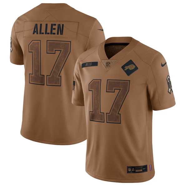 Men%27s Buffalo Bills #17 Josh Allen 2023 Brown Salute To Service Limited Football Stitched Jersey Dyin